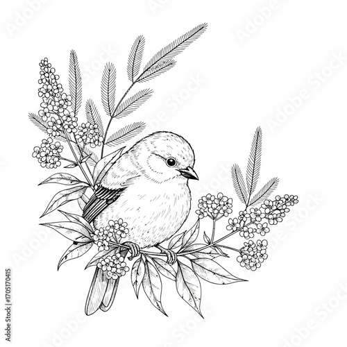 Hand drawn bird on flowering plant for design