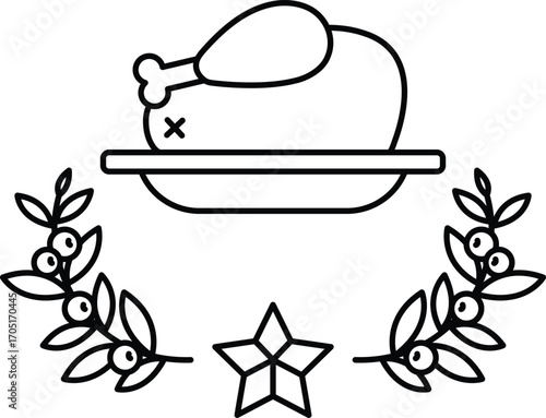 A cartoon drawing of a turkey on a plate with a star and leaves around it