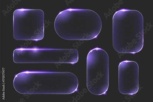 Light glass frames set isolated on black background. Vector realistic illustration of neon purple rectangular and oval borders with glowing effect, chat box, software button or game window design