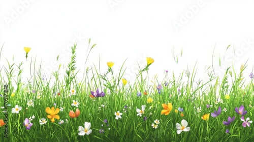 90.A detailed vector illustration of a spring lawn with fresh, juicy green grass. The vibrant blades of grass are adorned with small, colorful wildflowers scattered across the surface, adding pops of
