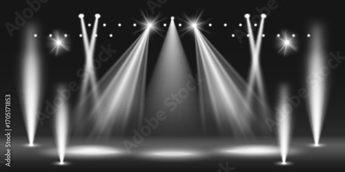 Bright lights illuminating concert stage. Vector realistic illustration of white spotlight rays on floor, music show or night club party illumination, projector lamps on ceiling, festival equipment