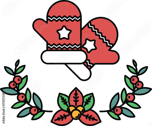 A pair of red mittens with a star on them are surrounded by a wreath of green le