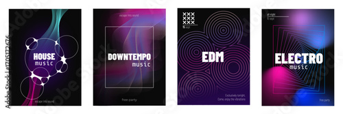 Futuristic electro music sound posters with neon gradients and geometric patterns for nightclub events. Dark bg with lighting effects, circular wave designs, abstract shapes in electronic style.