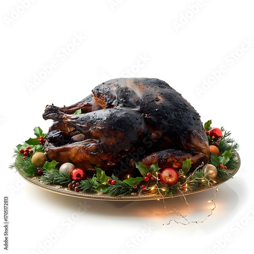 Realistic photo of burnt holiday turkey with blackened skin and smoke, surrounded by Christmas decor, isolated on white background