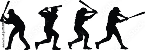 Baseball players in swinging action silhouette, hitting poses vector illustration, team sport artwork, athletic batting motion for design projects