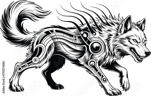Black and white wolf with tribal mechanical markings