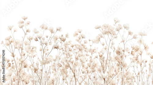 27.A serene and graceful vector illustration of limonium flowers and wedding grass, in muted pastel hues of cream and soft pink, designed for use in wedding invitations. The dried flowers are