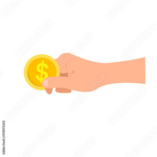 Vector illustration of a hand offering a gold dollar coin, representing donation action, payment, financial aid, or monetary support, flat art design style.
