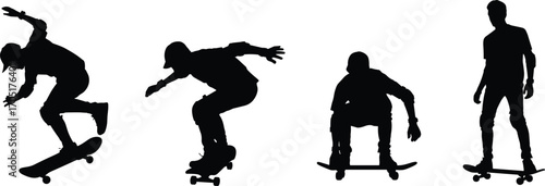 Skateboarders performing tricks and riding, silhouette vector illustration of urban sport action, extreme skateboarding poses for graphic design