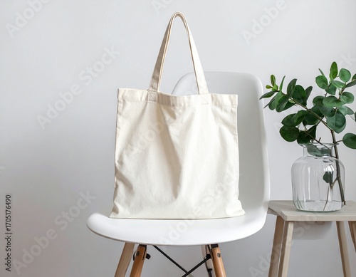 White tote bag mockup on table with plant