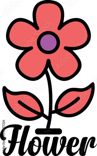 Bold outlined red flower stands gracefully with the word flower scripted below it