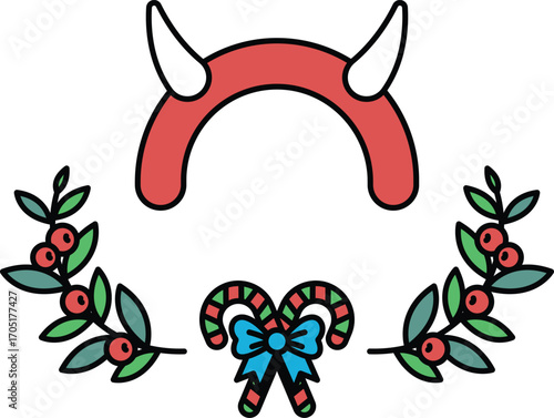 A black and white drawing of a horned head with a bow and a candy cane