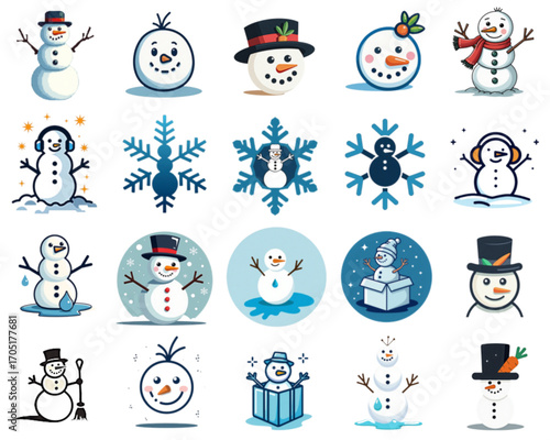 A collection of cute snowman illustrations with winter and holiday themes