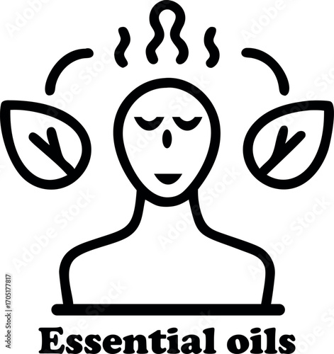 Minimalist showing peaceful person centered between essential oil aroma and green leaves