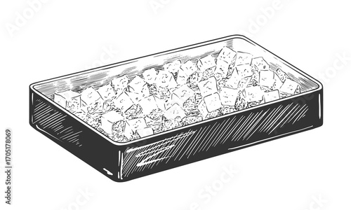 Baking tray with sketch style stuffing. Black and white engraving with bread stuffing. Thanksgiving dish