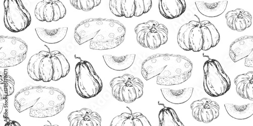 Seamless pattern with pumpkin pie and raw pumpkins. Sketch style background with illustrations of pumpkin slice, baked cake