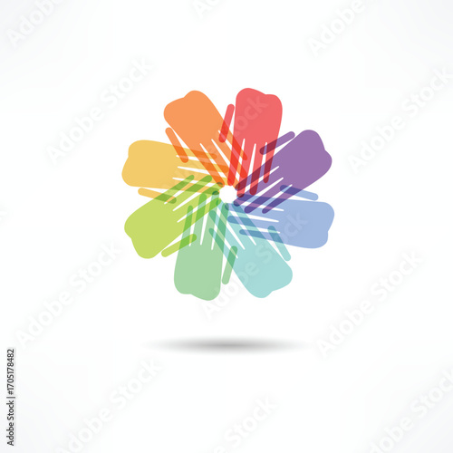 Hands. Teamwork. Colorful flower design with overlapping petals showcases a modern minimalist digital art aesthetic