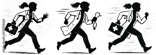 Silhouette of female doctor running with medical bag and stethoscope multiple images 