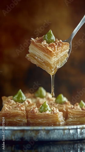 Golden baklava square on a fork, the honey drips slowly. Sweet dessert with pistachio topping.