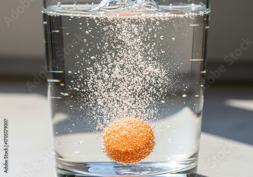 Effervescent vitamin tablet dissolving in glass of water with bubbling carbonation and orange color. Fizzy vitamin drink includes vital minerals and nutrients,