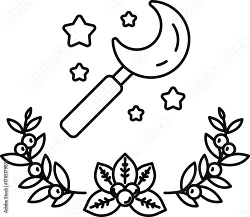 A black and white drawing of a crescent moon with a stick in the middle of it