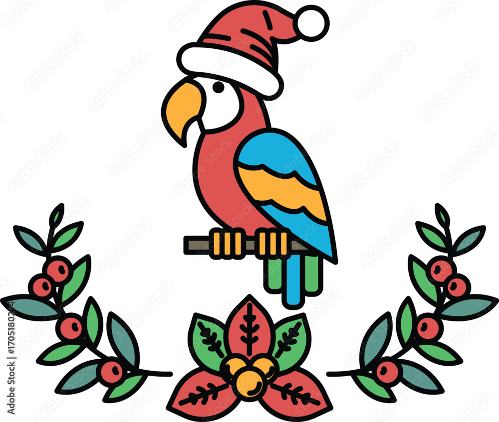 Obraz premium A black and white drawing of a parrot wearing a hat and sitting on a branch
