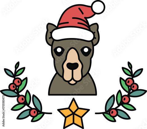A dog wearing a Santa hat and surrounded by leaves and berries