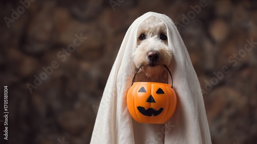 Dog dressed as ghost with pumpkin trick-or-treat bucket, Halloween concept, playful and spooky atmosphere, festive celebration, cute pet costume in high resolution photography