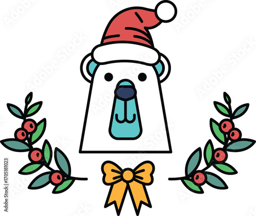 A bear wearing a hat and bow is surrounded by leaves