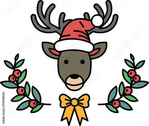 A black and white drawing of a reindeer with a red hat and a bow around its neck