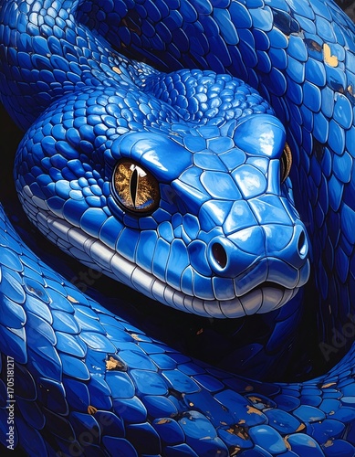 Close-up vibrant blue snake