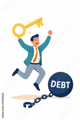 Businessman unlocking financial freedom by removing debt with golden key, success concept