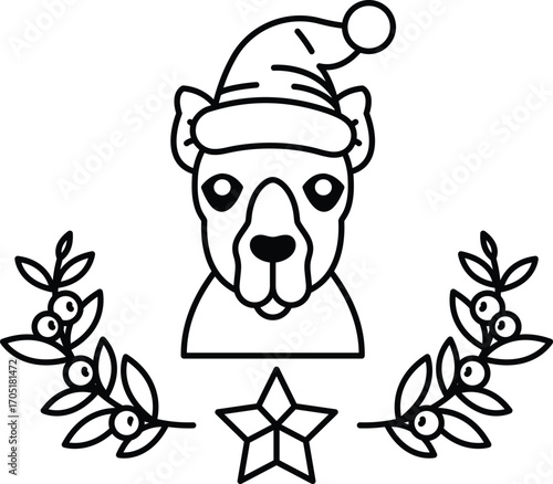 A dog wearing a Santa hat and surrounded by leaves and berries
