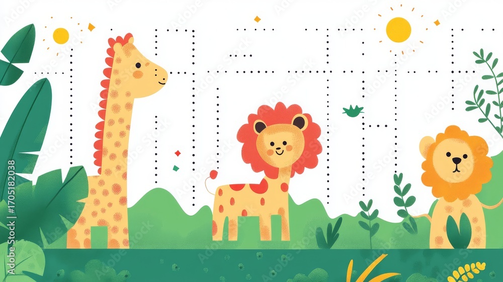 Fototapeta premium 85.An engaging dot-to-dot worksheet for children, designed in a clean and modern flat vector style. The image to be revealed by connecting the dots could be anything from a fun animal to a whimsical