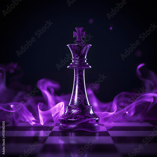 Surreal Purple Chess King Piece with Smoky Flame Effect on Chessboard – Abstract Fantasy Artwork for Strategy, Power, Leadership, and Creative Game Concept Design