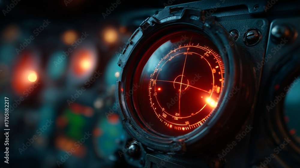 Fototapeta premium Radar Screen in Submarine: A detailed view of a radar screen within a submarine, the device glows with strategic information and offers a glimpse into nautical navigation and sophisticated technology.