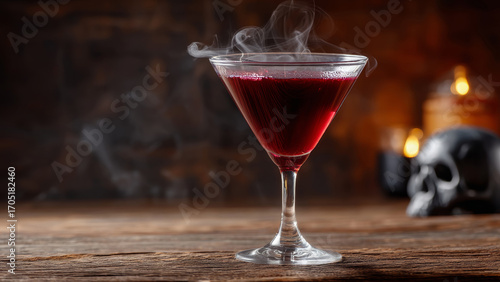Smoky red cocktail drink in glass on wooden table with halloween skull and candle creating spooky atmosphere for celebration