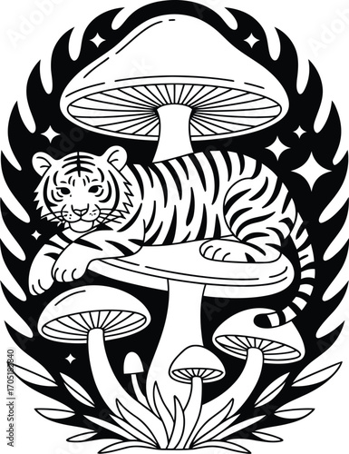 Tiger resting on mushroom surrounded by flames and stars
