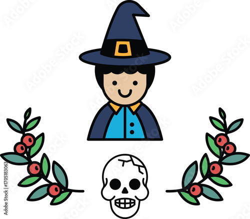 A witch is standing next to a skull