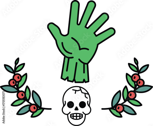 A hand is holding a skull and a leafy branch