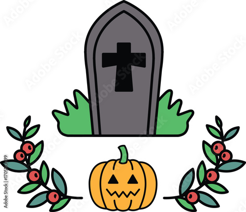 A black and white drawing of a cemetery with a cross and a tombstone