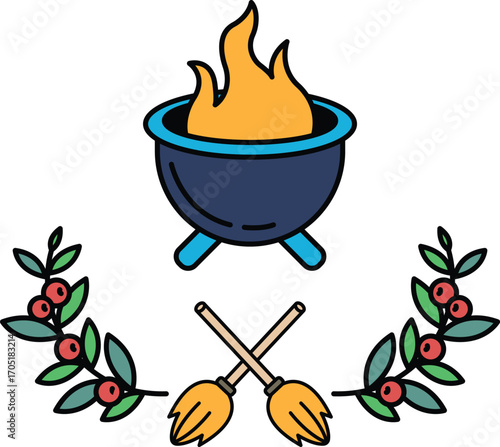 A black and white drawing of a fire pit with a wreath of leaves surrounding it