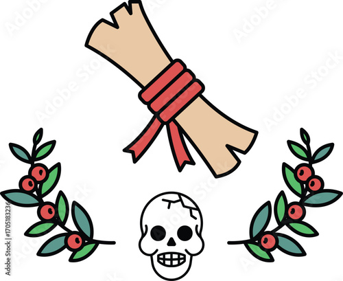 A skull is on a piece of paper with a rope tied to it