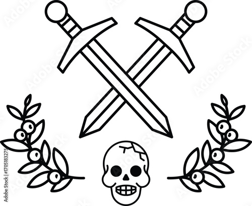 A skull is placed between two swords, with a leafy border surrounding the image