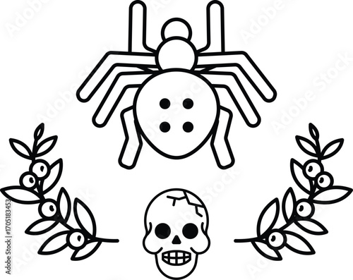 A spider is on top of a skull