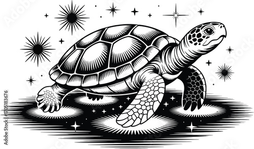 Black and white illustration of a sea turtle with stars