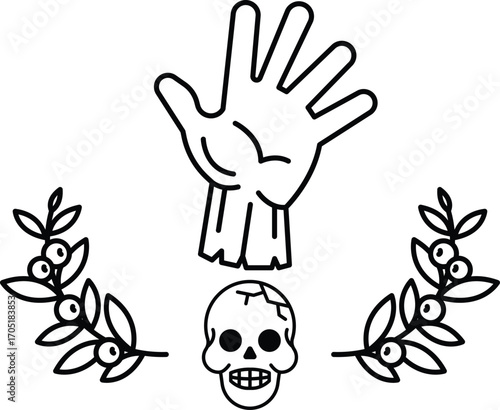 A hand is holding a skull and a leafy branch