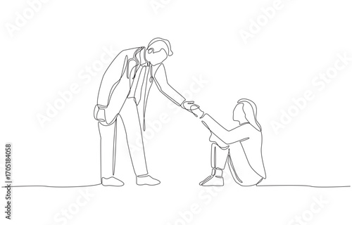 Continuous one line drawing of doctor extending helping hand to depressed patient sitting on the ground, symbolizing psychiatric care, single line art.