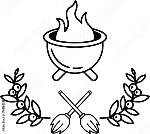 A black and white drawing of a fire pit with a wreath of leaves surrounding it
