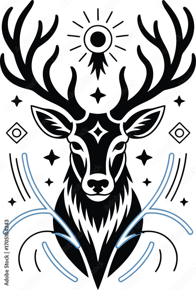 Fototapeta premium Black deer head with sun and stars graphic animal white